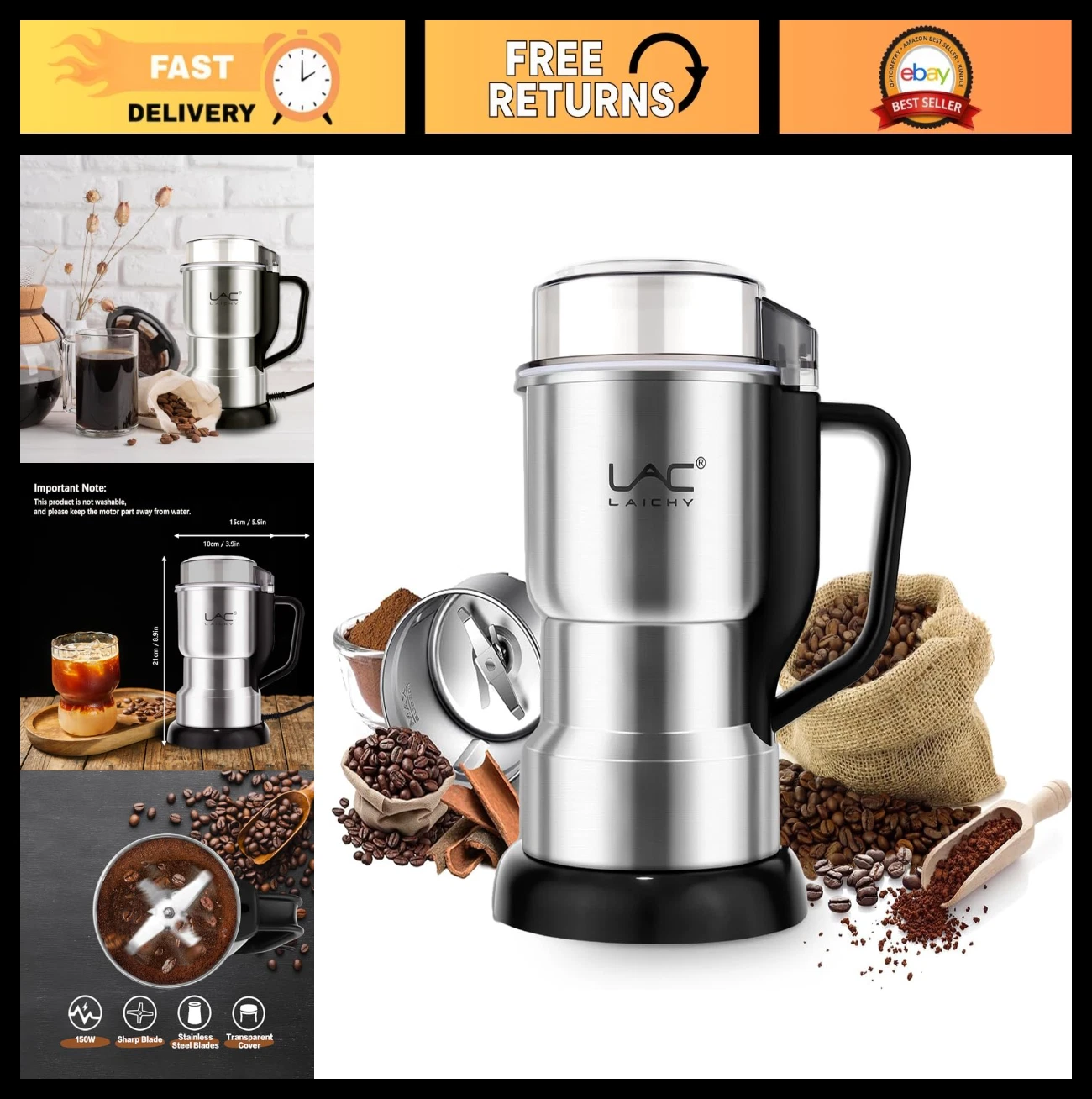 Electric Coffee & Spice Grinder, 150W Fast Grinding, Stainless Steel Blades, Min