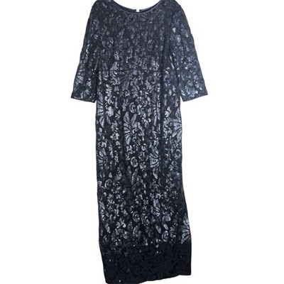 NEW Alex Evenings Blue Black Sequin Mesh Full Length Gown 3/4 Sleeves Sz 18