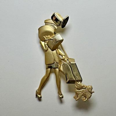 Vintage AJC 1980'S 'Shop Til You Drop' Figure & Dog Golden Matte Tone Brooch Pin