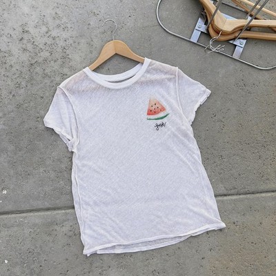 We The FREE POPLE White Distressed Tee T-Shirt Watermelon ''FRESH'' Woven Medium