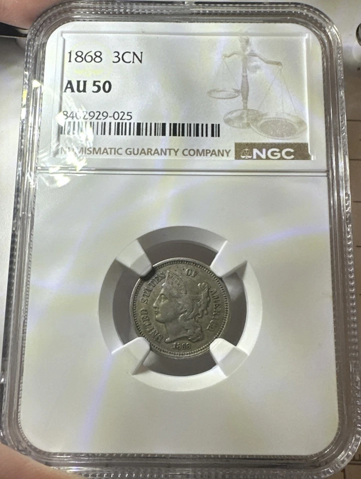 NGC AU-50 1868 Nickel Three Cent Piece, Richly Hued w/ Light Luster. - Image 3 of 4