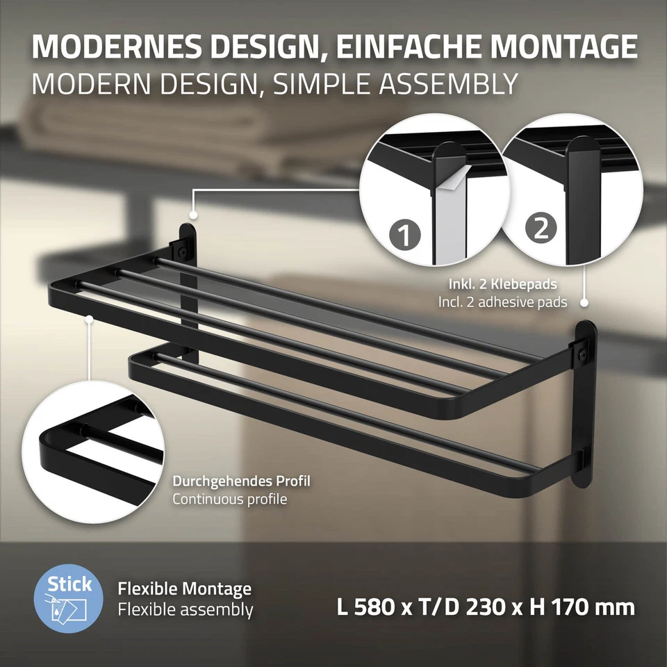 Porta asciugamani 58cm nero in alluminio pieghevole bagno cucina porta salviette - Immagine 3 di 4