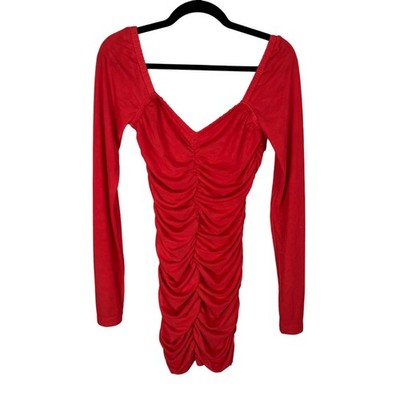 ROTATE BIRGER CHRISTENSEN Farley Ruched Long Sleeve Mesh Mini Dress Red Size 6