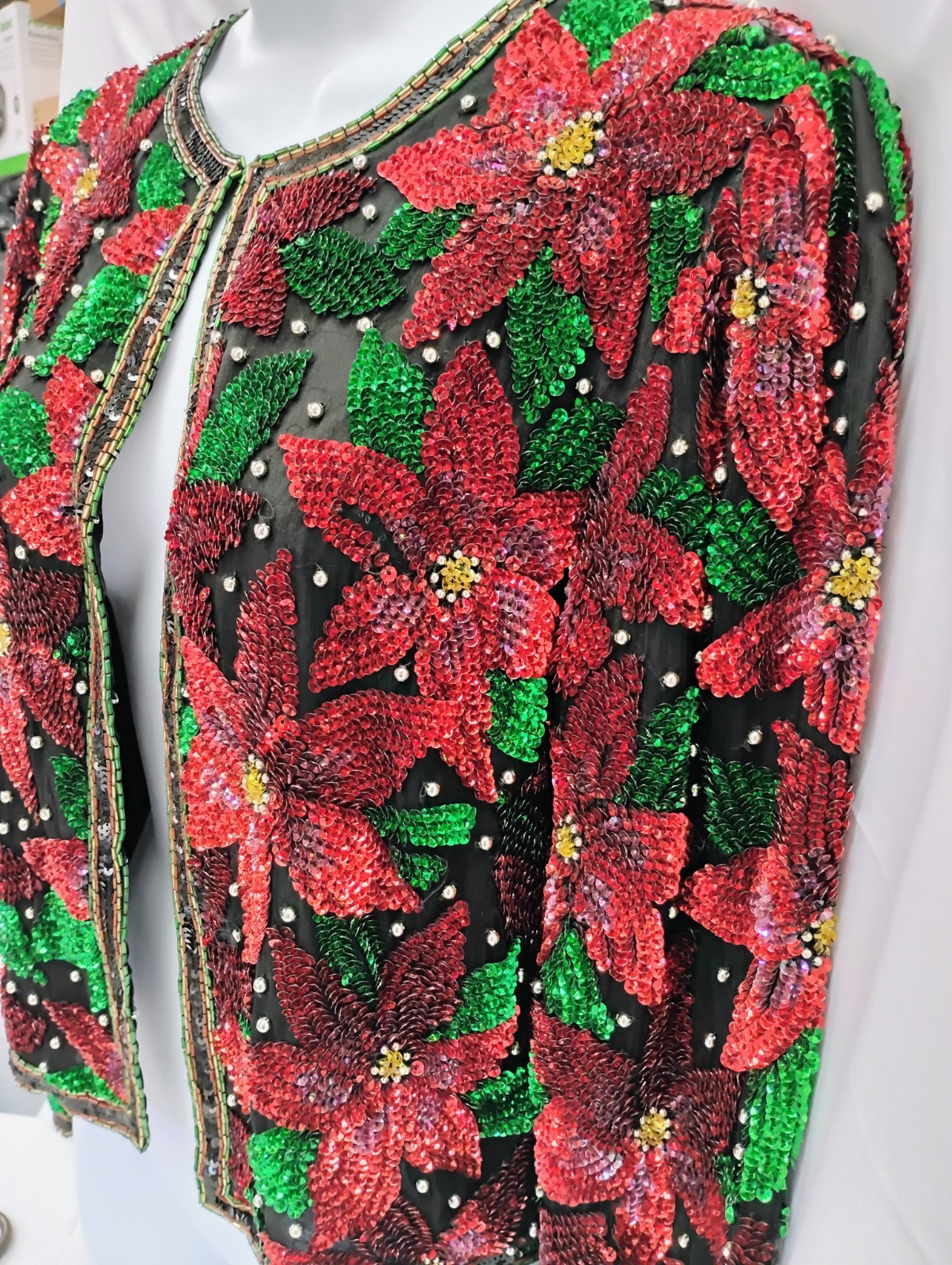 Laurence Kazar Paris New York Vintage Poinsettia Sequin Jacket Size Small