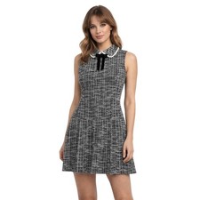 City Triangles Tweed Pleated Drop Waist Dress Black White Pearls Bow Preppy Sz M