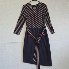Striped Mixed Lace Back Belted Dress Navy Red White Small asymmetrical hemline