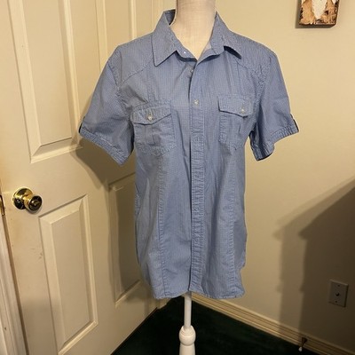 Carbon Slim fit Short Sleeve Button Front Collared  Blue Check Sz Large