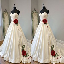 Elegant Sweetheart Satin Wedding Dressees with Red Roses A Line Train Gowns