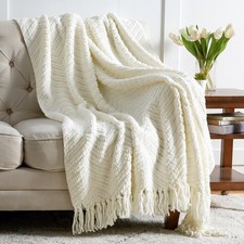 Cozy Knitted Throw Blanket, Fluffy Blanket for Bedroom, Ivory