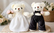 Wedding Teddy Bears Groom Bride, Wedding Gift, Handcrafted In USA, White, 11"