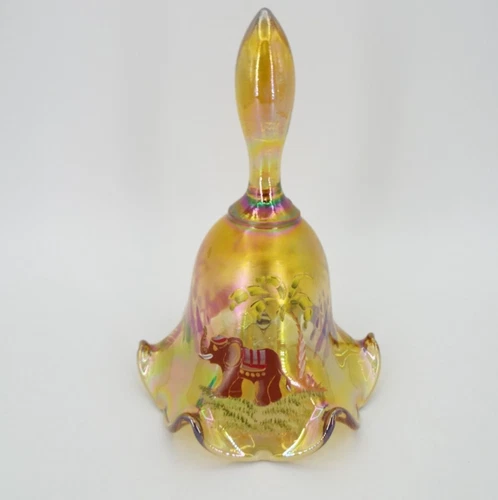 Vintage Fenton Amber Diamond Optic Hand Painted Elephant Carnival Glass Bell