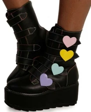 YRU Karma Valentine Platform Boots W/Hearts Raves Black Women's Size 8M NWOB!