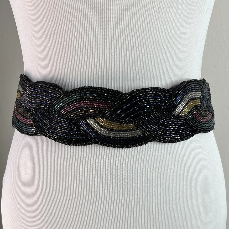 Cinturón Cummerbund Ancho Vintage Cuentas Negro Satinado Faja Tono Joya Pequeño S Foto 3 de 4