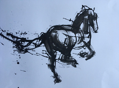 Original signierte Tuschestudie Skizze Gemälde eines Pferdes ca. A3