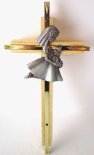 First Communion Oak Wood and Brass Wall Cross with Fine Pewter Girl Casting