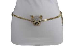 Women Skinny Fashion Gold Metal Chains Belt High Waist Hip Bull Dog Charm M L XL