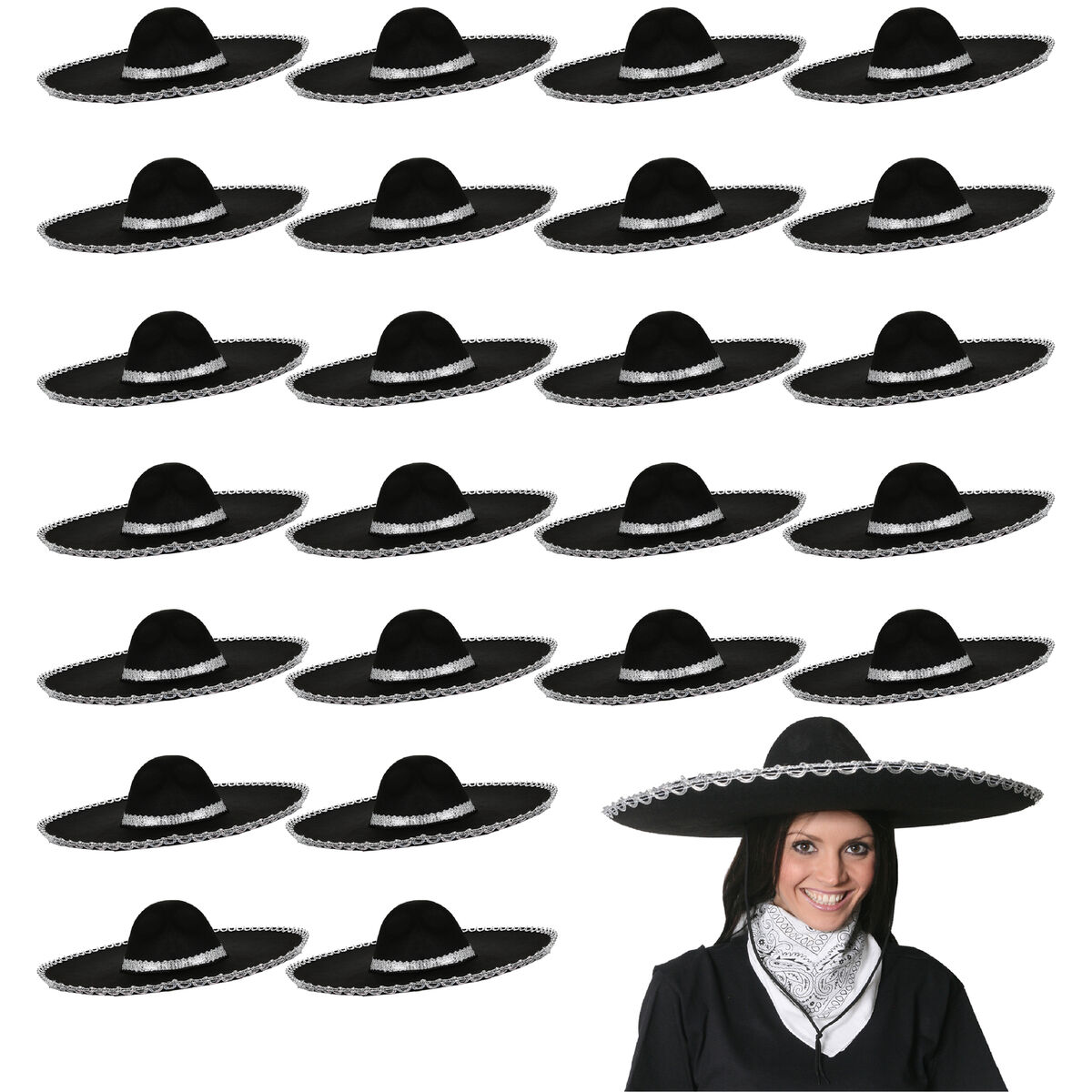 Deluxe Authentic Sombrero Adult Black with Silver Braiding Deluxe Authentic Sombrero Adult Black with Silver Braiding