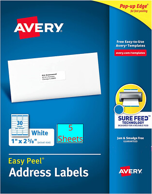 (150 LABELS) INKJET & LASER Avery Address Labels 1 x 2 5/8'' with Sure Feed