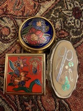 Vintage Enamel Collectible trinket/ pill boxes x 2 plus Sewing Trinket Box - lot