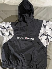 Karl Kani Anorak Mens Small Black Camouflage Hooded Windbreaker 1/2 Zip Pouch
