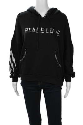 Lauren Moshi Women Pullover Hoodie Black Animal Graphic Drawstring Size XS
