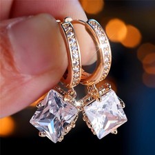 9ct Gold White Zircon Square Hoop Earrings for Women Gift