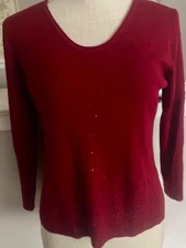 Eileen Fisher Ultra Fine  Merino Wool Sweater Women's Small Red Sequen 3/4 Slv