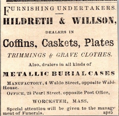 Hildreth & Willson Coffins Caskets Plates 1871 Worcester MA Clipping TAJ8-S58