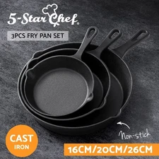 5-star chef Frying Pan Cast Iron Steak Skillet BBQ Oven Cookware 3PCS