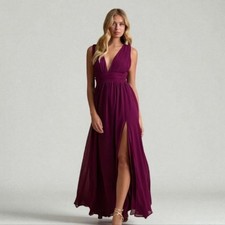 NWT Lulus Heavenly Hues Plum Maxi Dress Plunging V Neckline Chiffon Side Slit XS