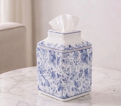 Blue White Ceramic Floral Square Tissue Box Cover 6.25 x 4.8 in Bathroom Decor