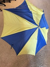 Vintage Umbrella Wooden Handle 48 Inches Wide Blue And Yellow Panels