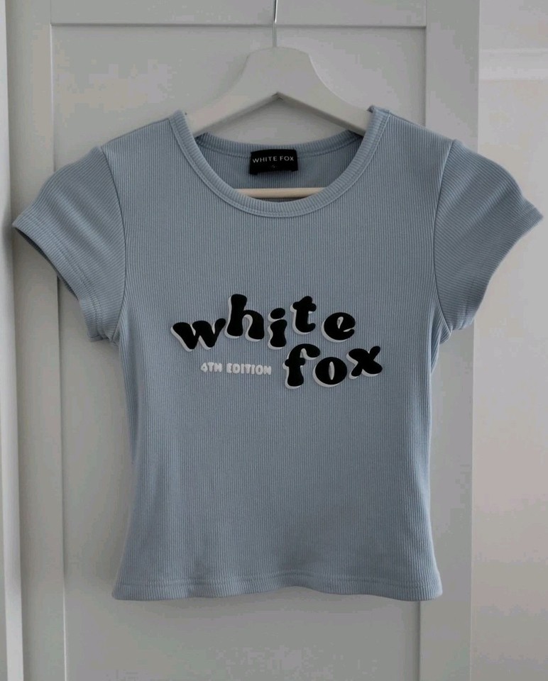 White Fox Baby Tee Women's Size S Classic Logo Baby Blue