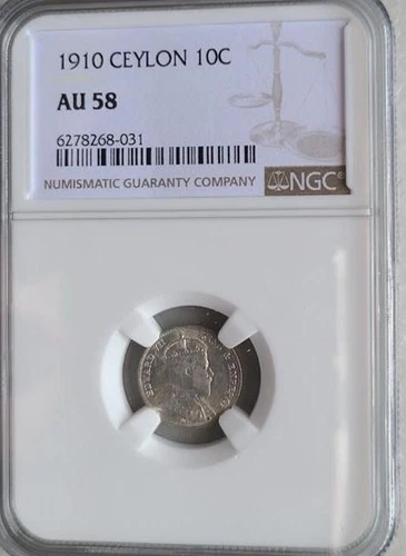 Ceylon 10 Cents 1910 NGC AU 58