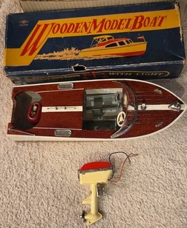 1950's Toy Japan Wooden Model Boat Steam Line Outboard Motor Boxed MHM Untested