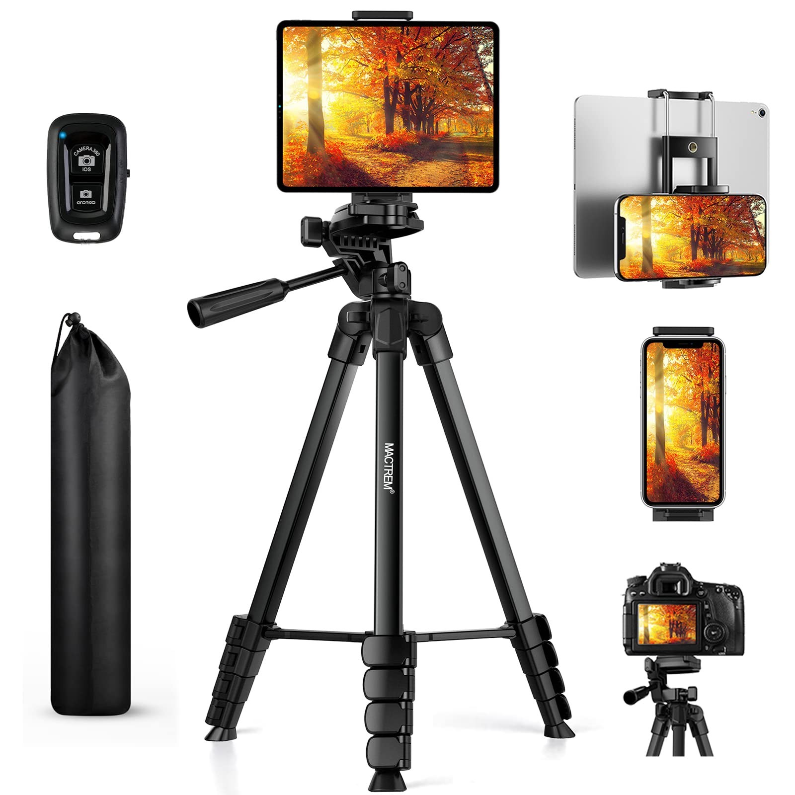 Trépied en aluminium pour mobile et boîtier photo réglable jusqu'à 172 cm