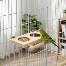 Durable Stainless Steel Bird Feeding Bowls with Adjustable Wooden Perch Stand