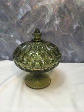 Vintage Green Glass Covered Candy Dish Footed Finial Thumbprint Design#169