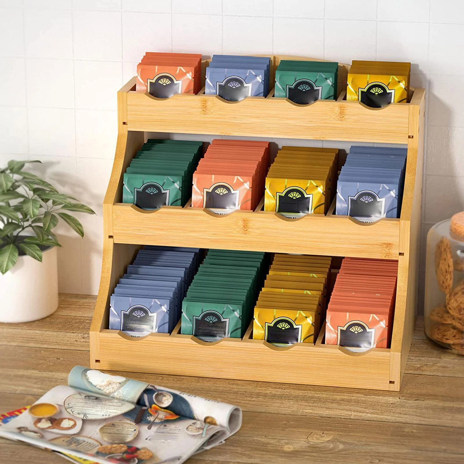 Tea Bag Organizer 12 Compartments Seasoning Rack for Counter Cabinet Kitchen