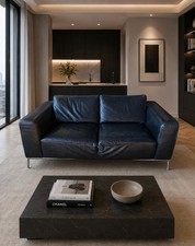Natuzzi Black Leather 2 Seater Sofa with Contemporary Brushed Silver Frame