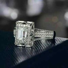 14K White Gold Plated 3CT Emerald Cut Lab-Created Diamond Engagement Ring