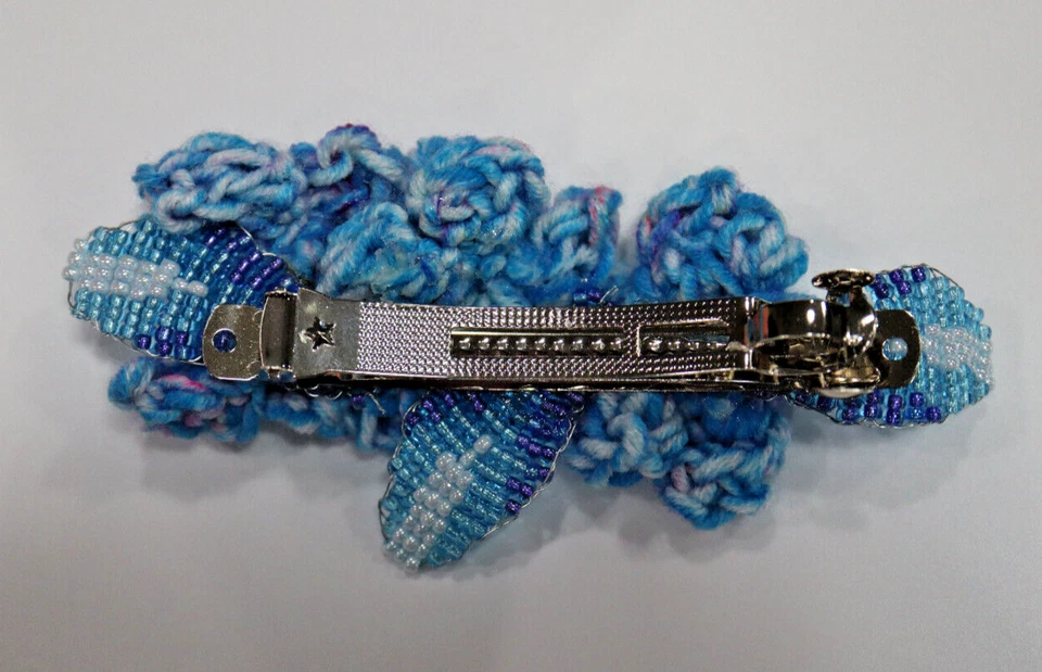BARRETTE HAND BEADED & KNIT FRENCH HAIR CLIP UNIQUE 3.5" CLIP W/RHINESTONES BLUE - Image 2 of 2