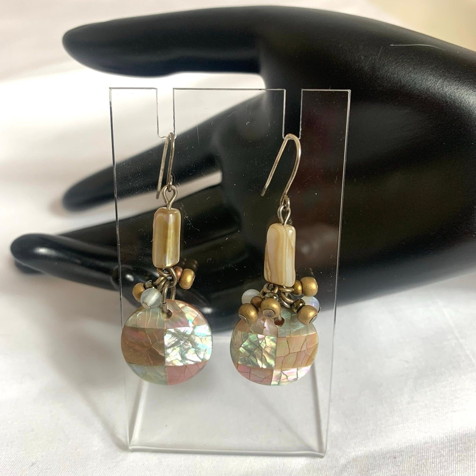 Vintage Patchwork Abalone Shell Drop Dangle Hook … - image 1