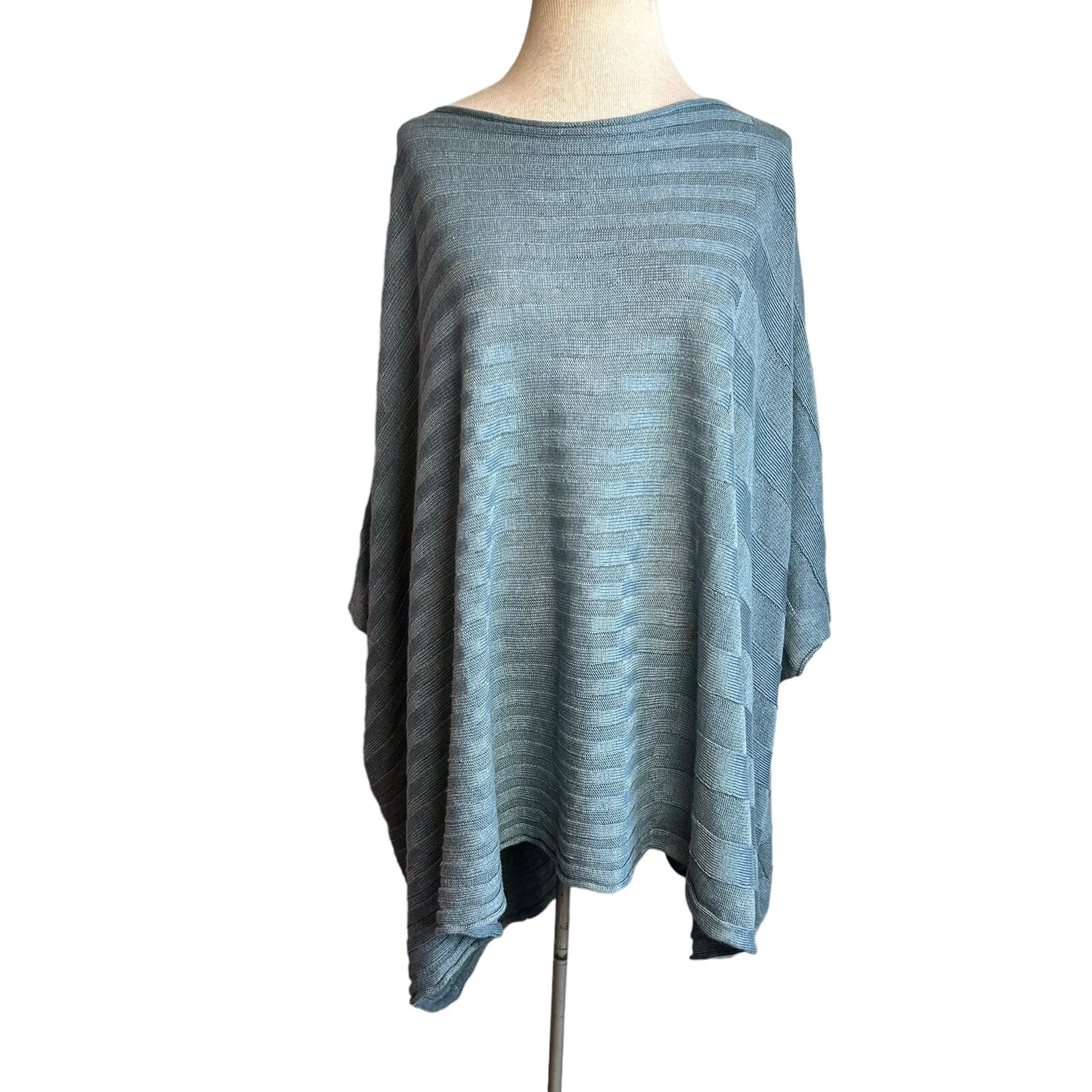 Eskandar Linen Top Womens One Size Blue Knit Hand Loomed Poncho Lagenlook