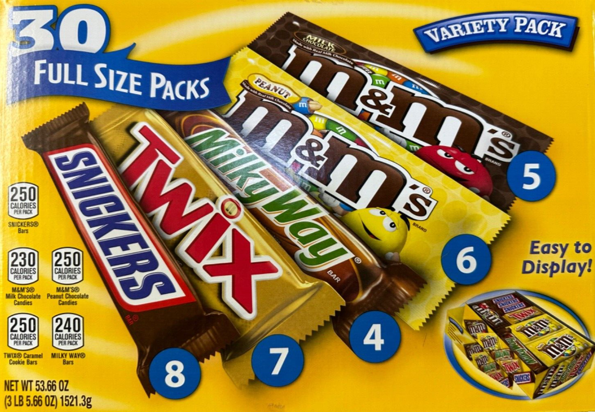 30 M&M's Chocolate Candy Full-Size Bars - Twix, Snickers, Milky