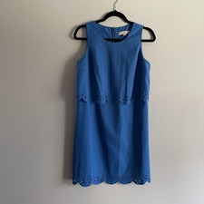 LOFT Women 8P Blue Preppy Laser Cut Scalloped Layered Sleeveless Shift Dress