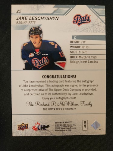 18-19 Jake Leschyshyn CHL Autographed Regina Pats - Picture 2 of 2