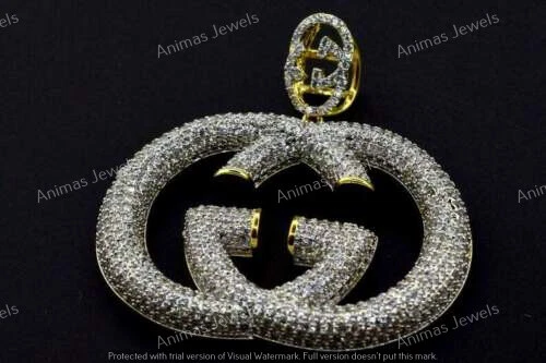 3 克拉圆形切割莫桑石男式定制“GG”名称吊坠 14K 镀黄金 — 第 2/4 张图片