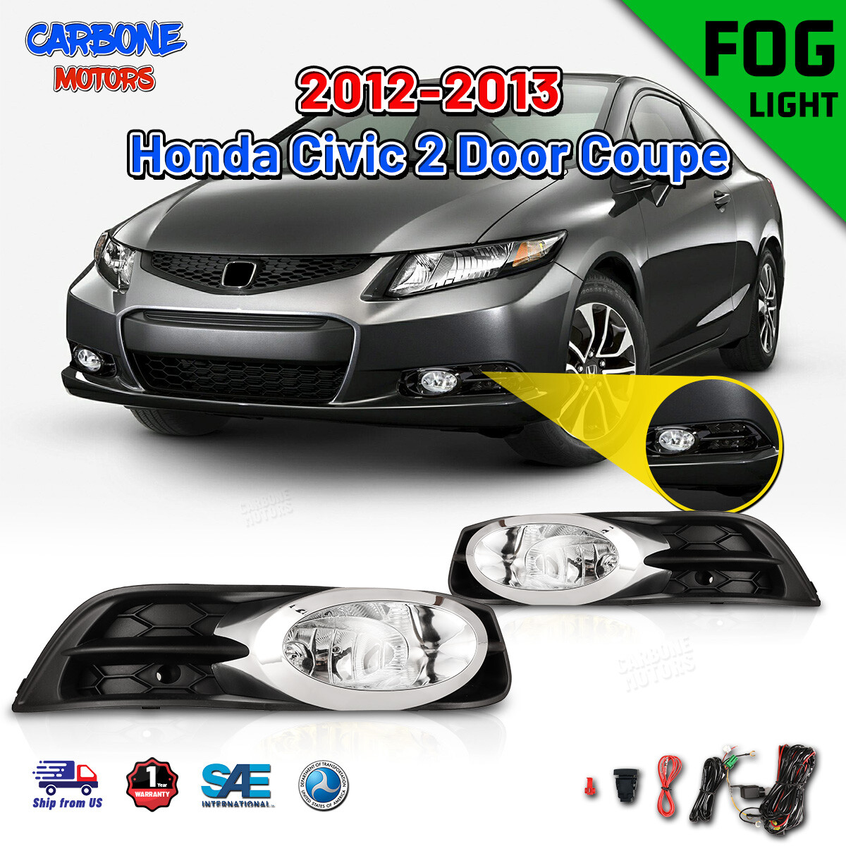  Fit 2012 2013 Honda Civic Coupe Fog Lights Driving Bumper Lamp Kits Clear Lens