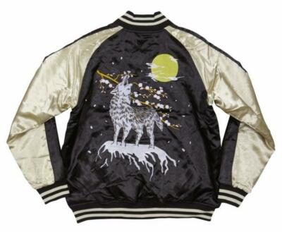 JAPANESE SUKAJAN Silver wolf satin Skajan Black EMBROIDERY JAPAN